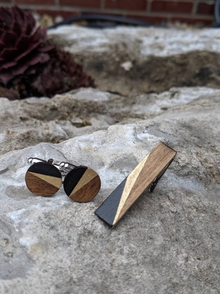 Wood Cufflinks and Tie Clip set, wedding Cufflinks, gift for him, groomsmen, dad, handmade, painted, customizable colors, tie bar