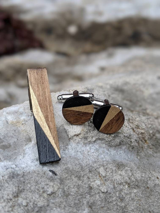 Wood Cufflinks and Tie Clip set, wedding Cufflinks, gift for him, groomsmen, dad, handmade, painted, customizable colors, tie bar