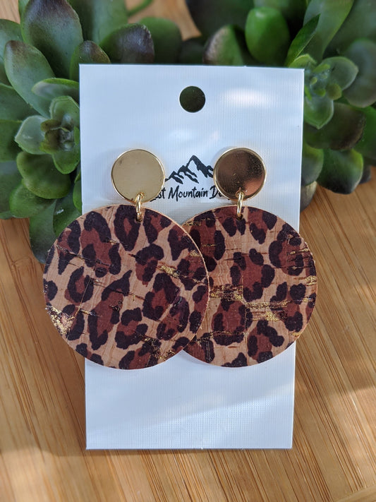 Leopard Cork with Gold flecks Leather Earrings with Gold Metal Circle Post