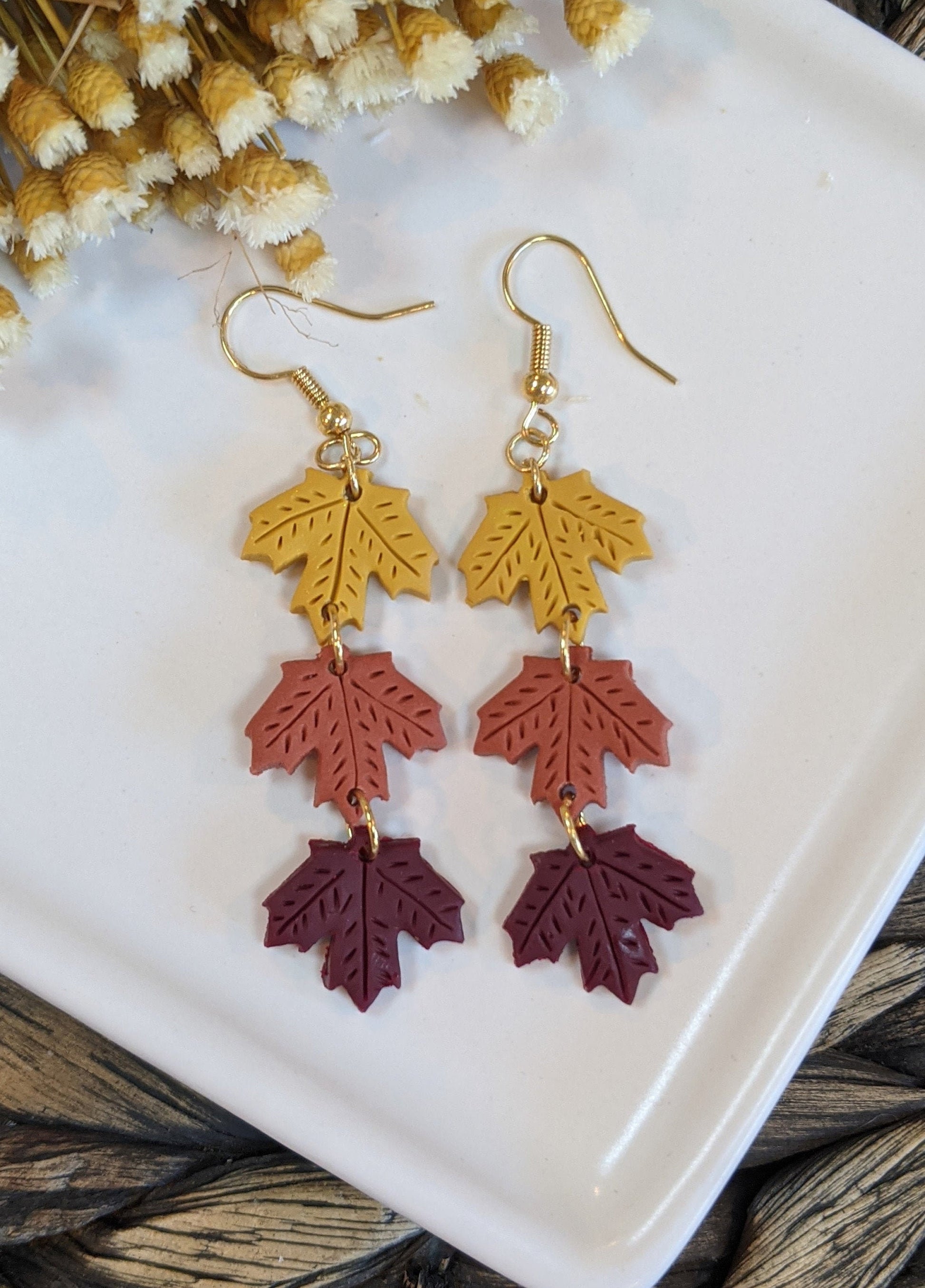 Leaf Dangle Polymer Clay Earrings, Fall earrings, Handmade, Lightweight, Modern Earrings