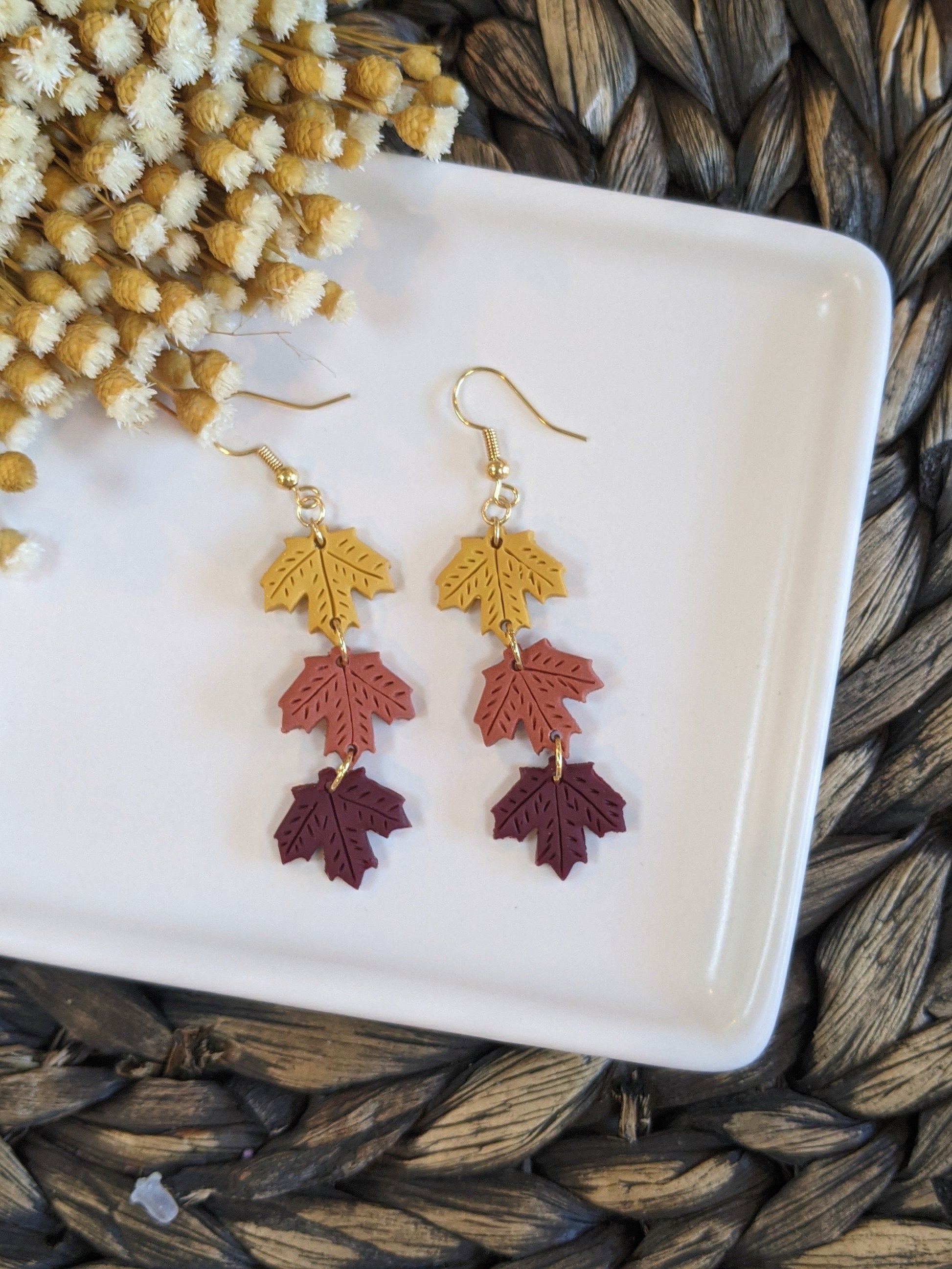 Leaf Dangle Polymer Clay Earrings, Fall earrings, Handmade, Lightweight, Modern Earrings