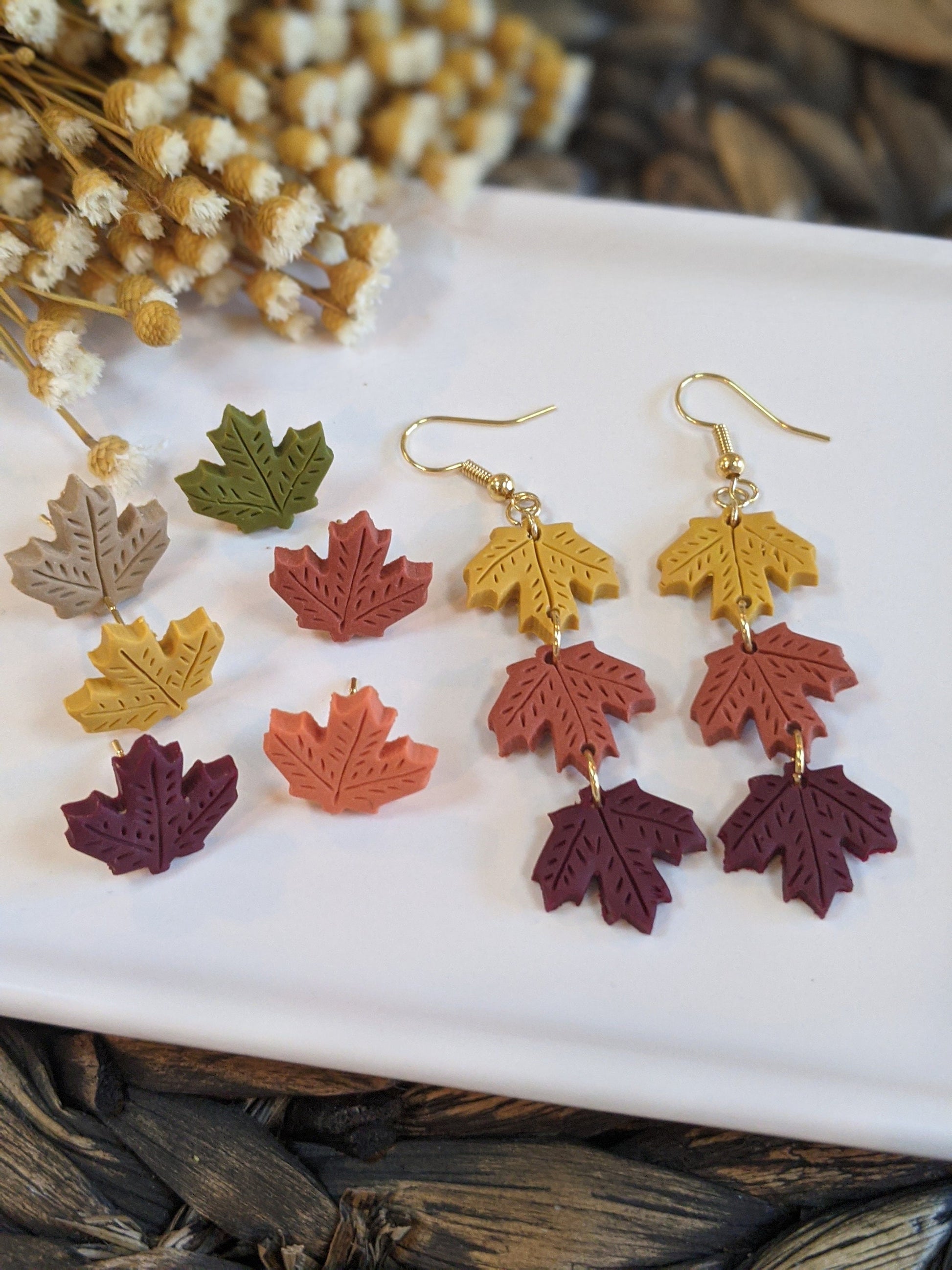 Leaf Dangle Polymer Clay Earrings, Fall earrings, Handmade, Lightweight, Modern Earrings