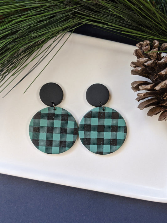 Green/Black Buffalo Plaid Polymer Clay Earrings, Post Earrings, Lightweight, Modern Earrings,