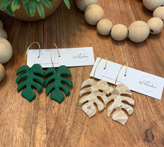 Monstera Leaf Hoops, Polymer Clay Earrings, lightweight earrings, Green/Neutral