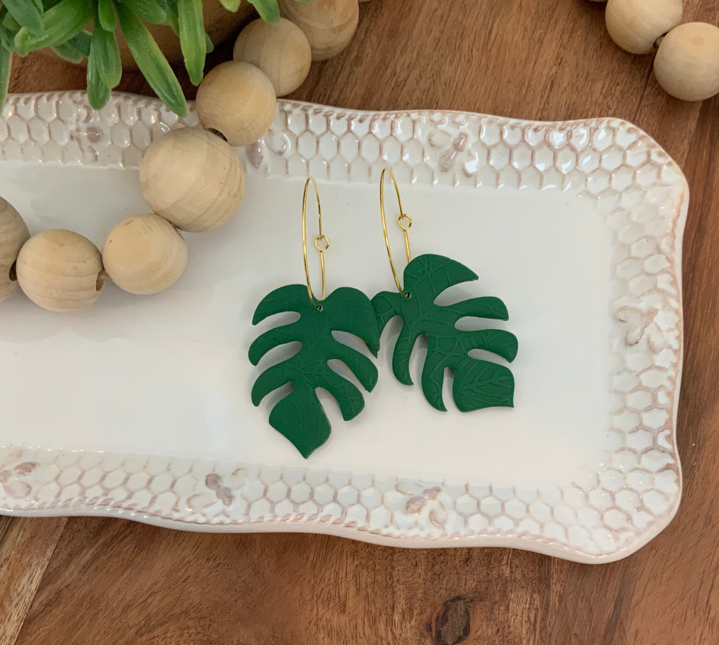 Monstera Leaf Hoops, Polymer Clay Earrings, lightweight earrings, Green/Neutral