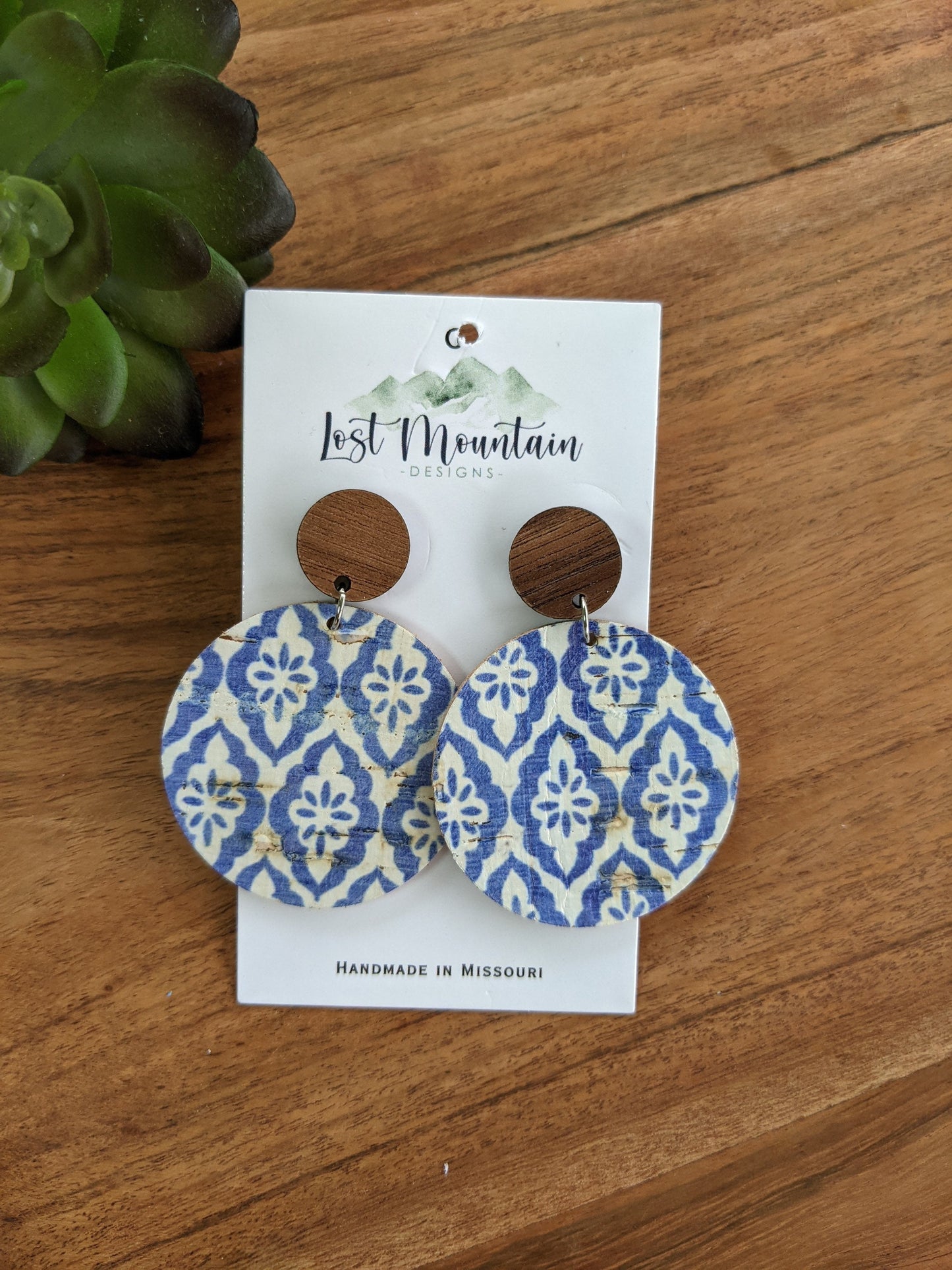 Wood Post Moroccan Cork Leather Earrings, Round, Trendy Earrings, Lightweight Earrings, Handmade blue and white