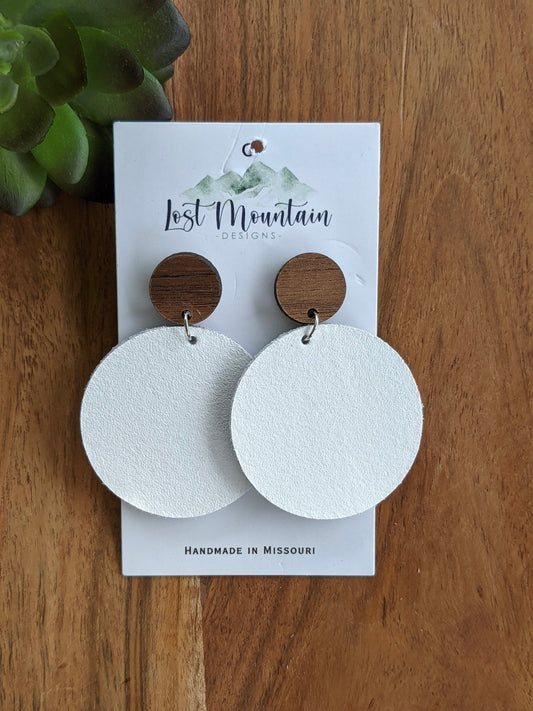 Wood Post White Leather Earrings, Round, Trendy Earrings, Lightweight Earrings, Handmade White