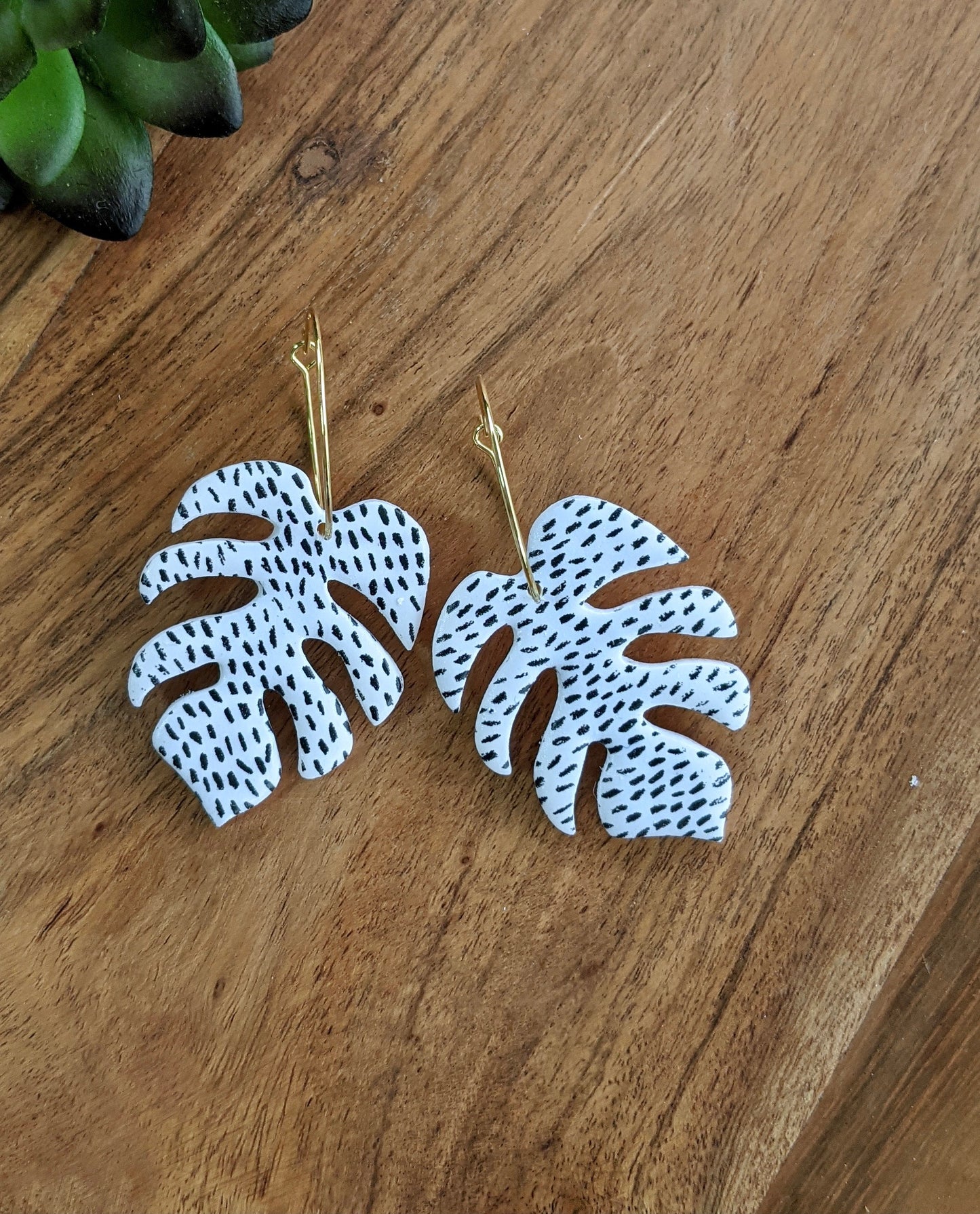 Monstera Leaf Hoops, Polymer Clay Earrings, lightweight earrings, Black and white Dalmatian print, polka dot