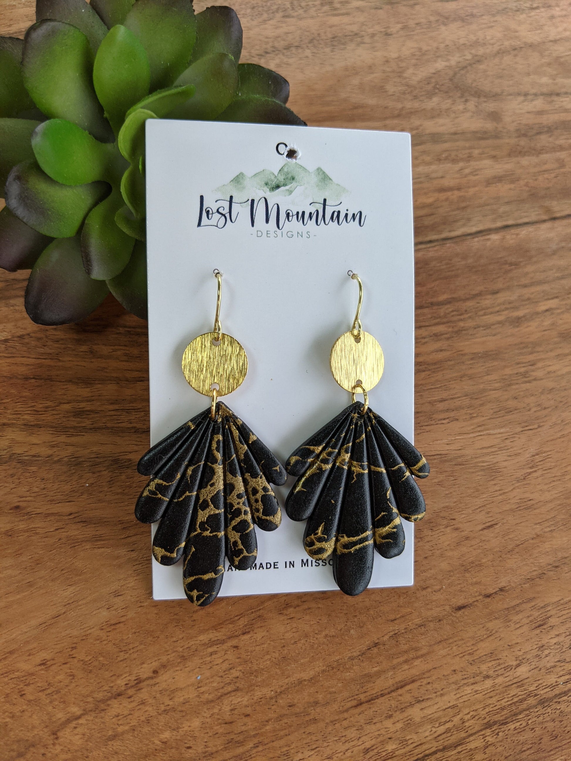 Black and Gold Scalloped Polymer Clay Earrings, Painted gold Crackle/ Marble