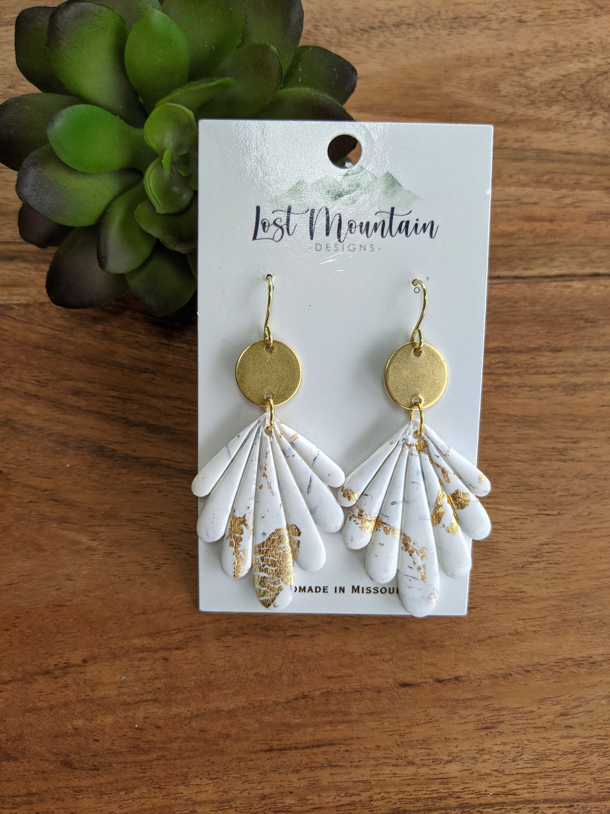 White and Gold Scalloped Polymer Clay Earrings, Painted gold Crackle/ Marble