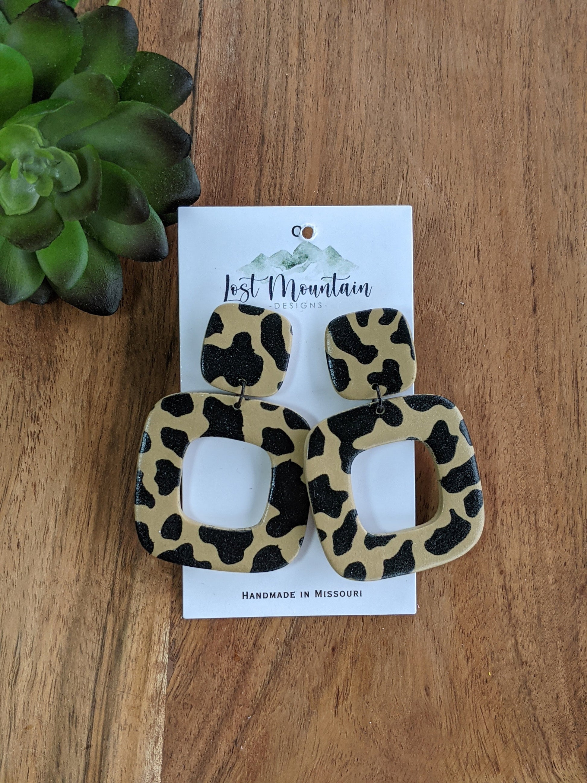 Tan and Black Square Post Polymer Clay, leopard/cow print, painted