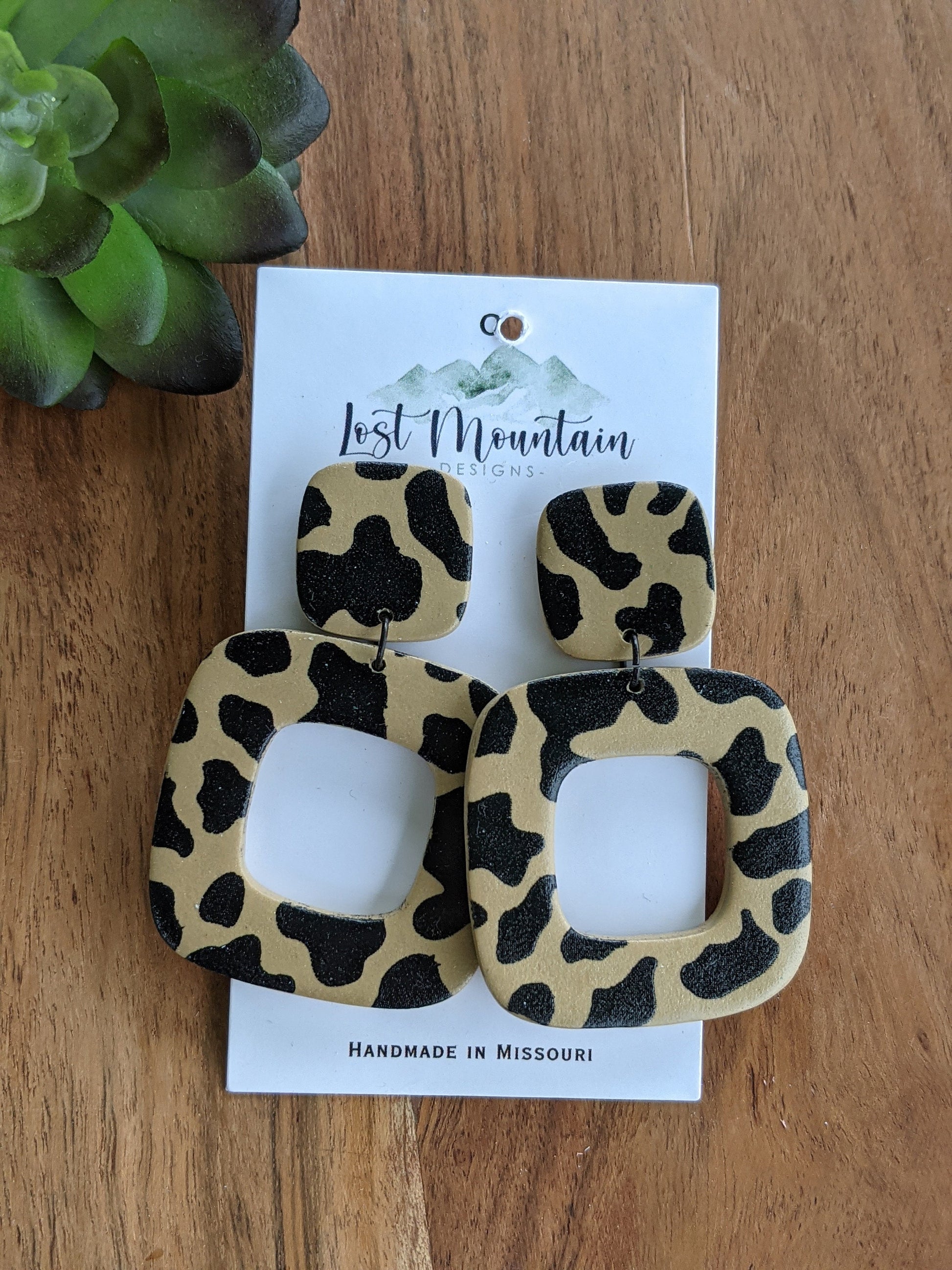 Tan and Black Square Post Polymer Clay, leopard/cow print, painted