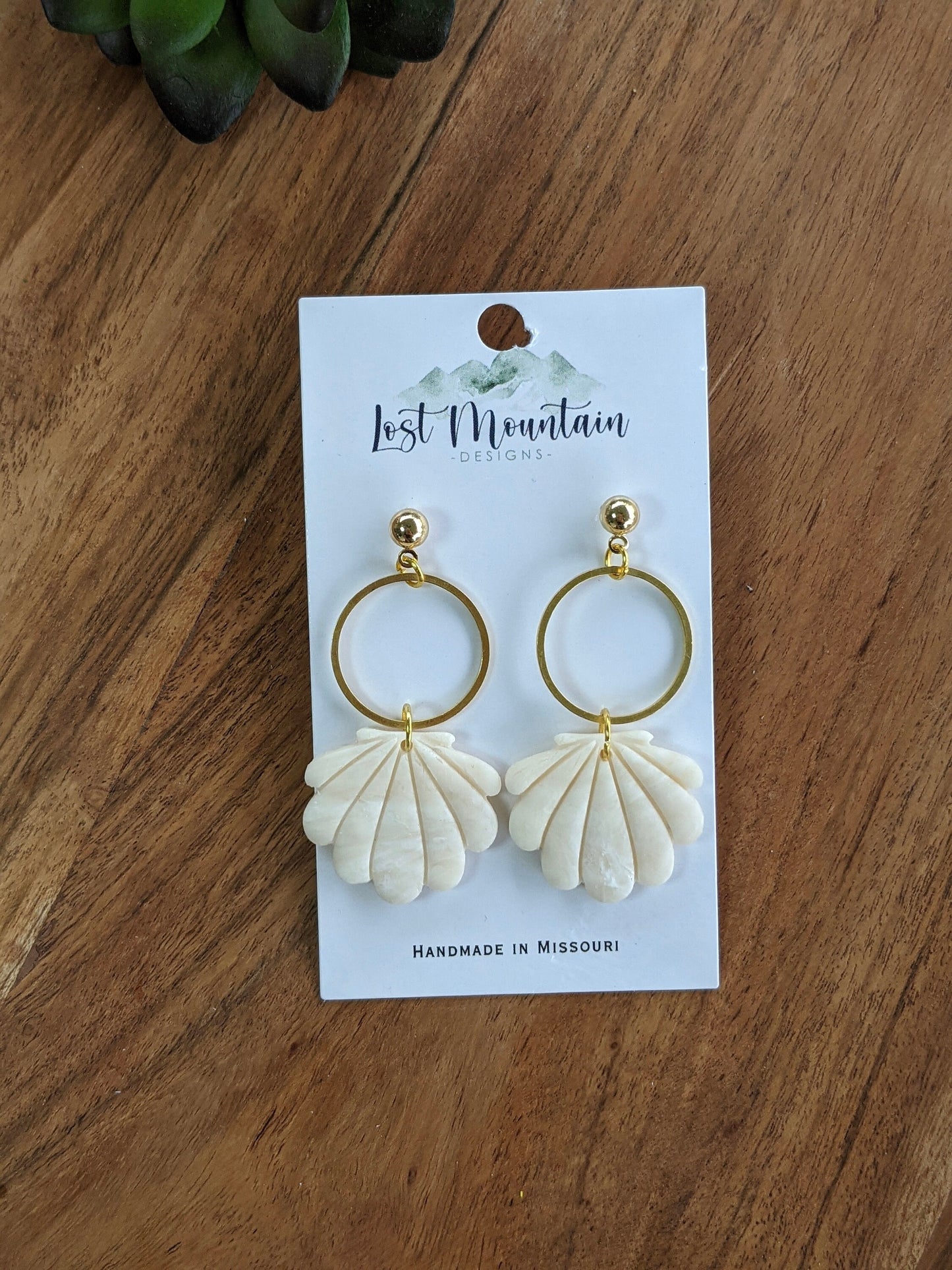 Neutral Seashell Polymer Clay Earrings, Gold Post, Beachy