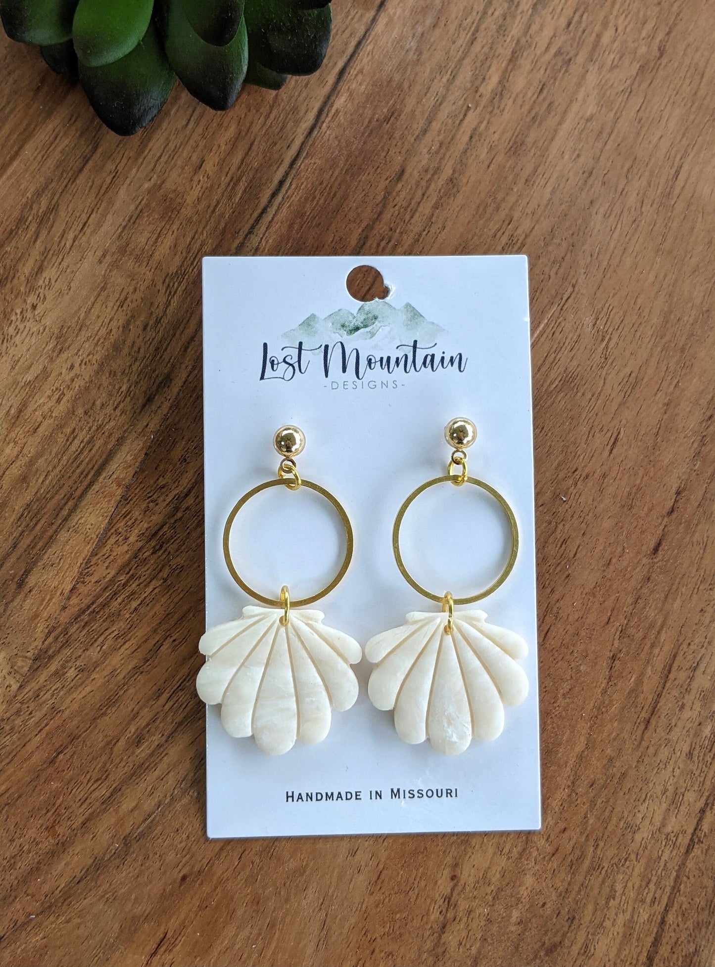 Neutral Seashell Polymer Clay Earrings, Gold Post, Beachy