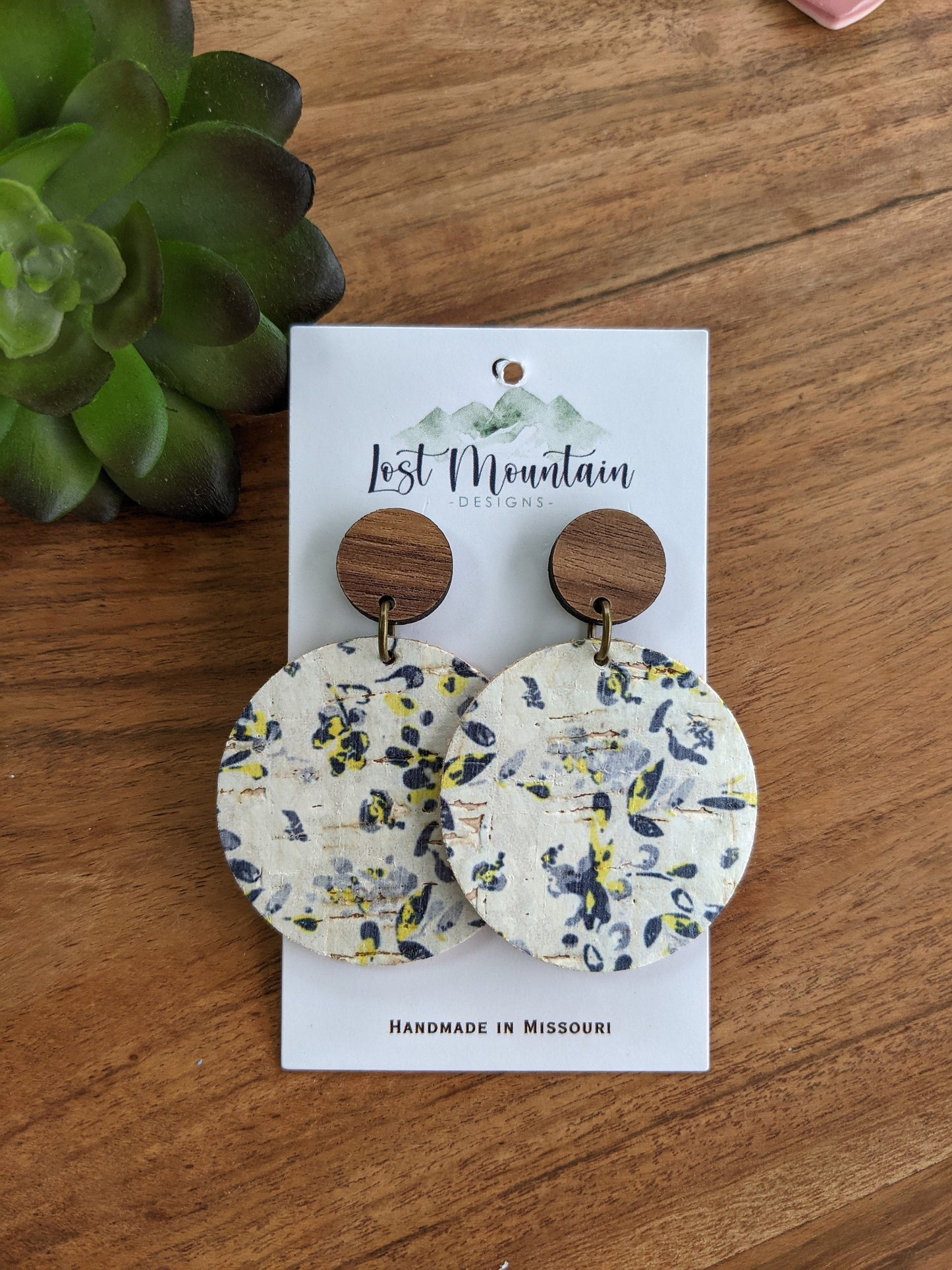 Wood Post Floral Cork Leather Earrings, Round, Trendy Earrings, Lightweight Earrings, Handmade Navy and yellow