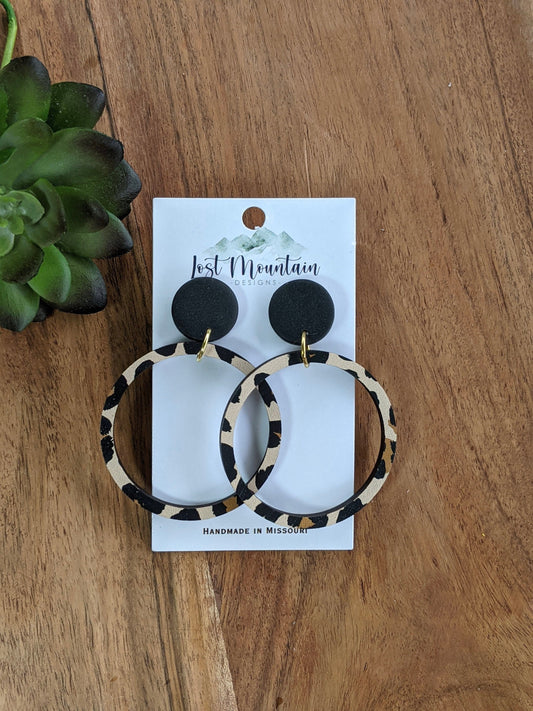 Clay Post with Wood Leopard Print Hoop Earrings, clay and Wood, Hoop Earrings, Round Earrings, Leopard Earrings, Summer