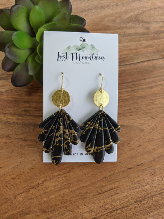 Black and Gold Scalloped Polymer Clay Earrings, Painted gold Crackle/ Marble