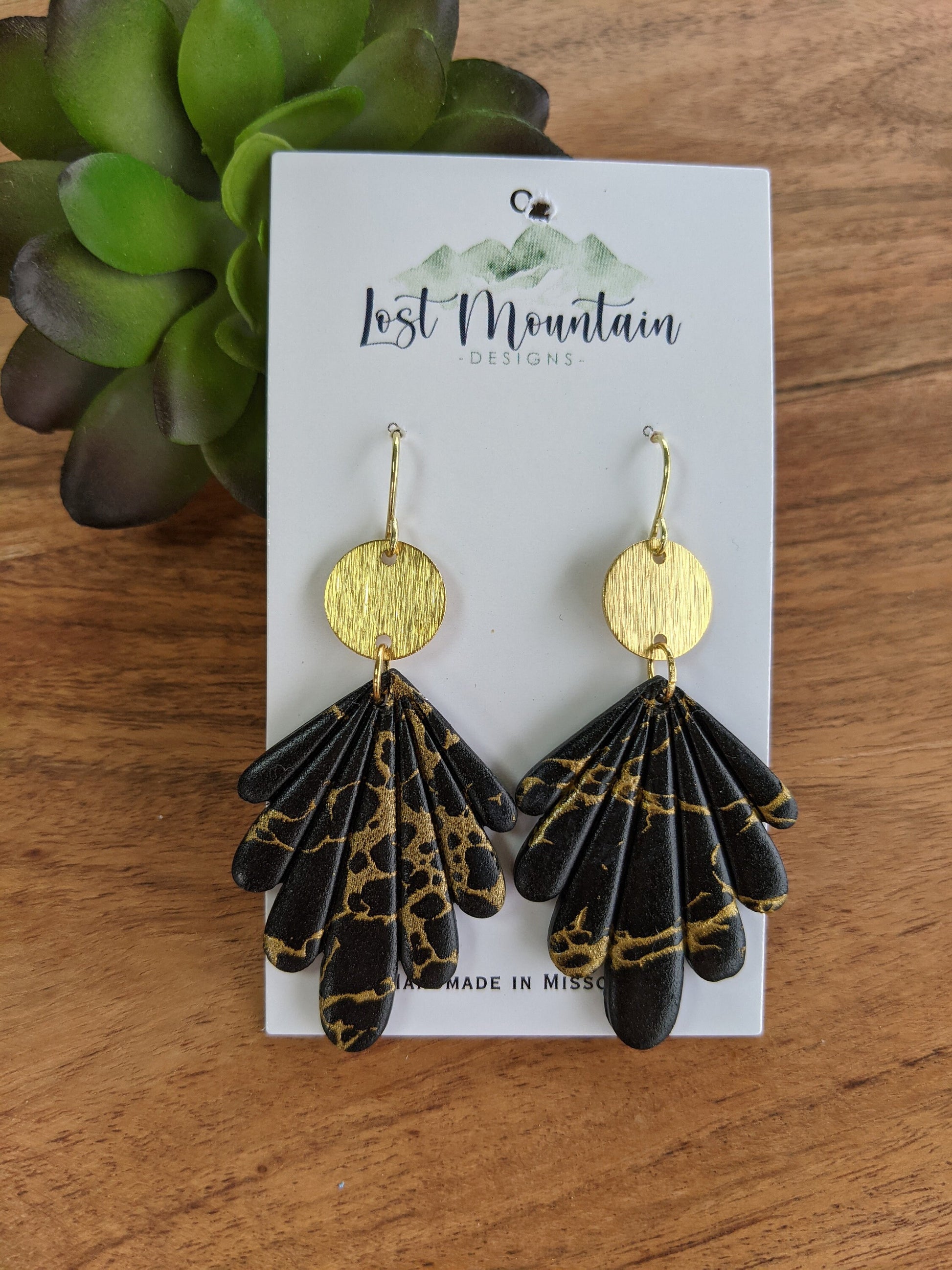 Black and Gold Scalloped Polymer Clay Earrings, Painted gold Crackle/ Marble