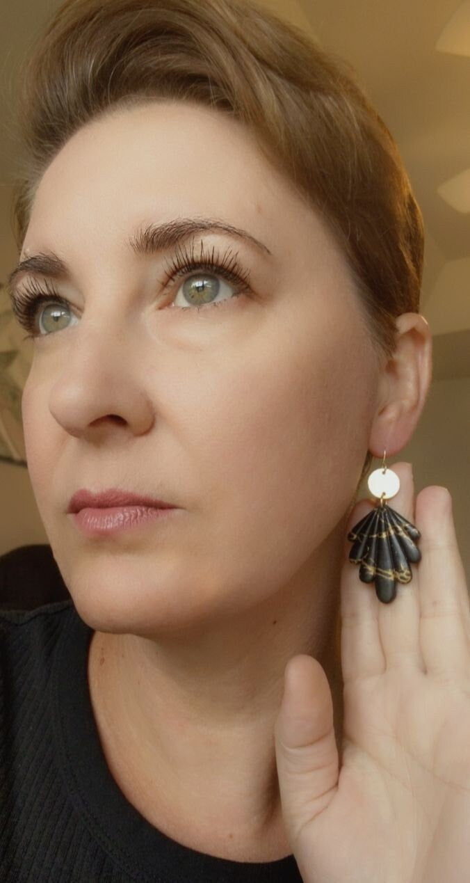 Black and Gold Scalloped Polymer Clay Earrings, Painted gold Crackle/ Marble