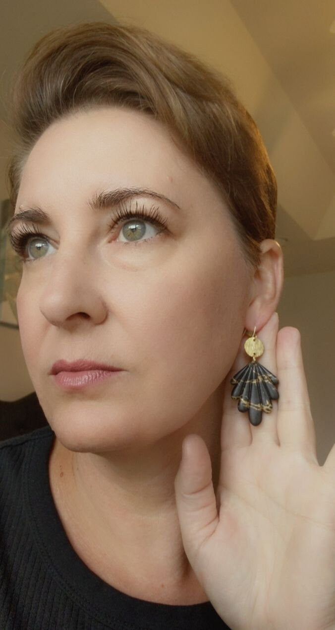 Black and Gold Scalloped Polymer Clay Earrings, Painted gold Crackle/ Marble