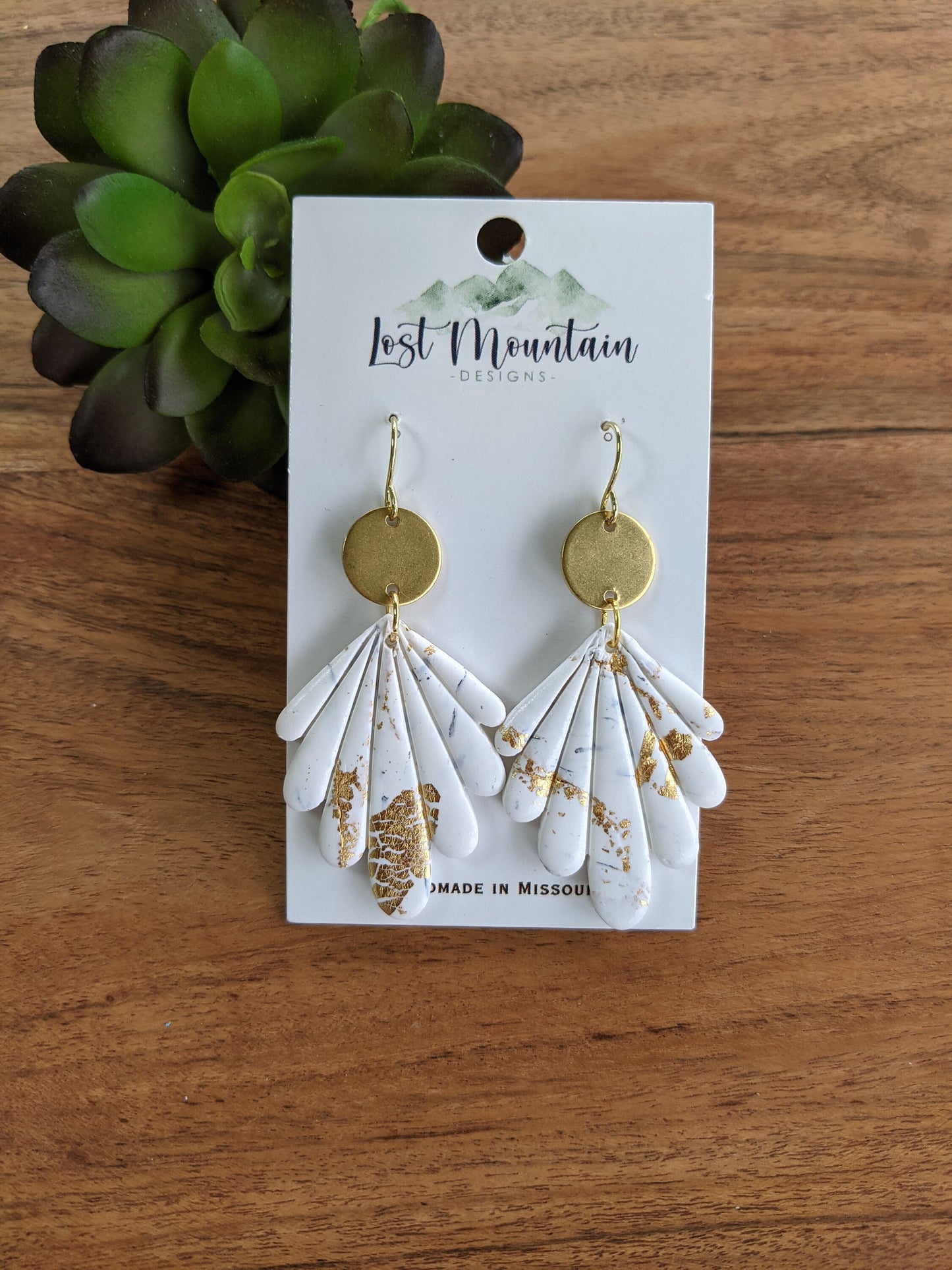 White and Gold Scalloped Polymer Clay Earrings, Painted gold Crackle/ Marble