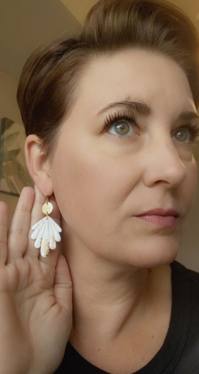 White and Gold Scalloped Polymer Clay Earrings, Painted gold Crackle/ Marble