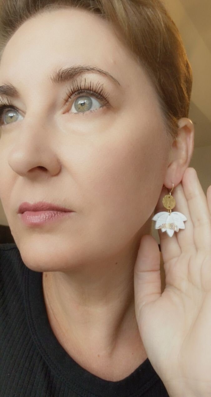 White and Gold Lotus Flower Polymer Clay Earrings, Gold Crackle/ Marble