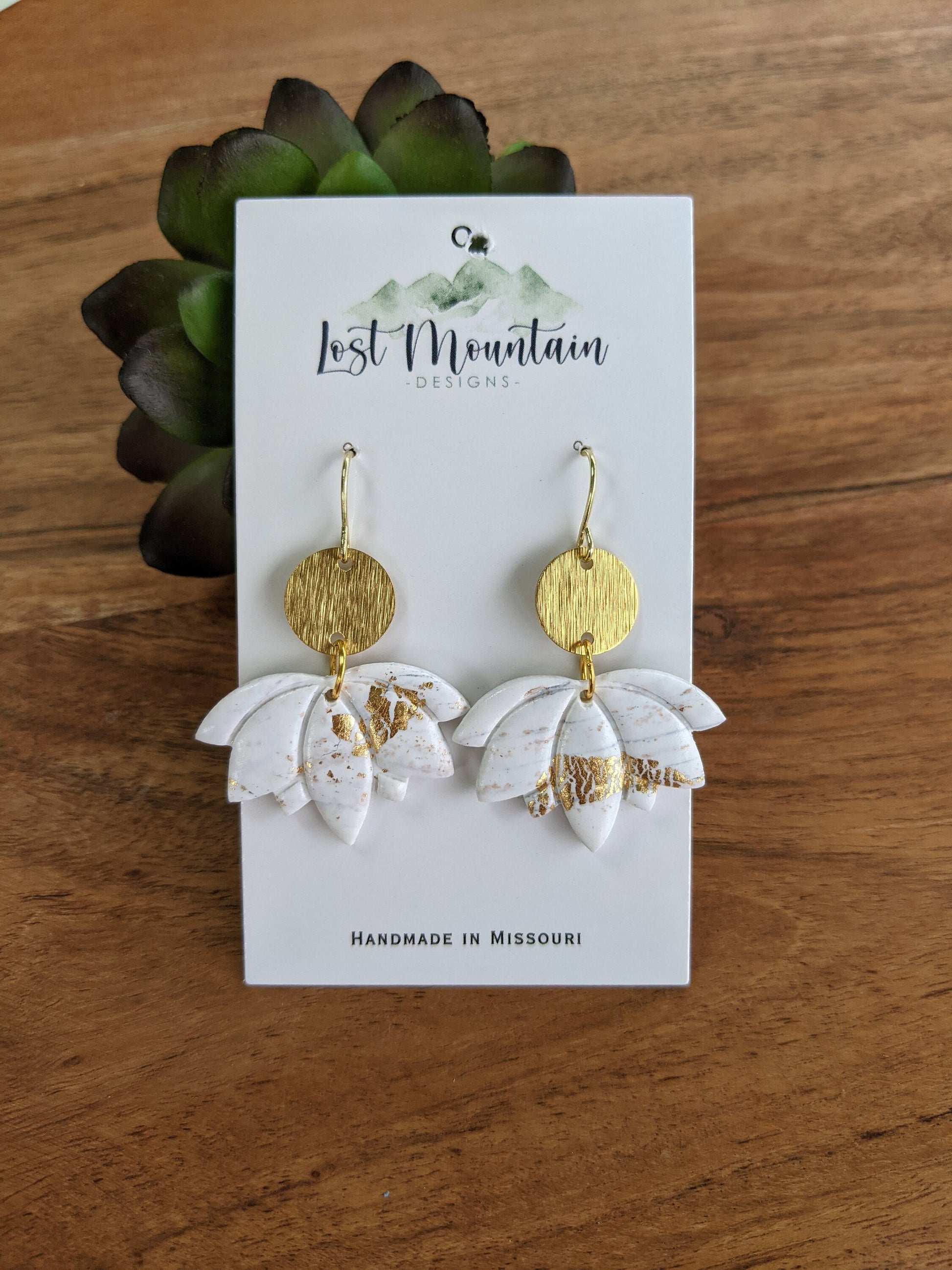 White and Gold Lotus Flower Polymer Clay Earrings, Gold Crackle/ Marble