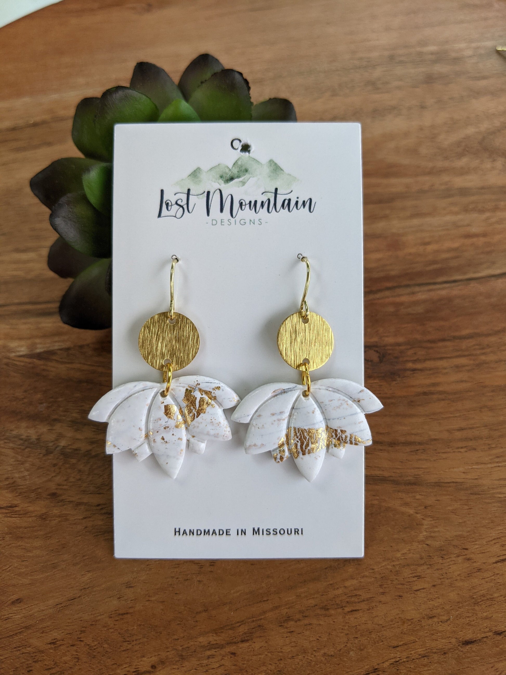 White and Gold Lotus Flower Polymer Clay Earrings, Gold Crackle/ Marble