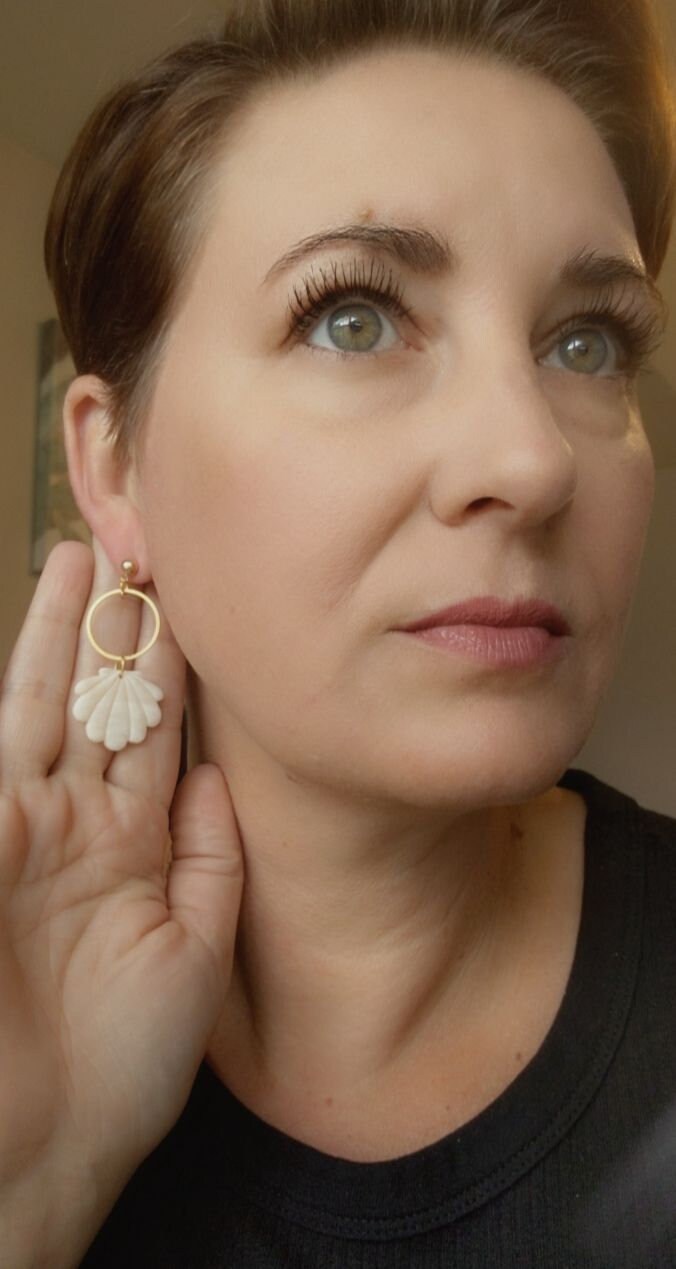 Neutral Seashell Polymer Clay Earrings, Gold Post, Beachy