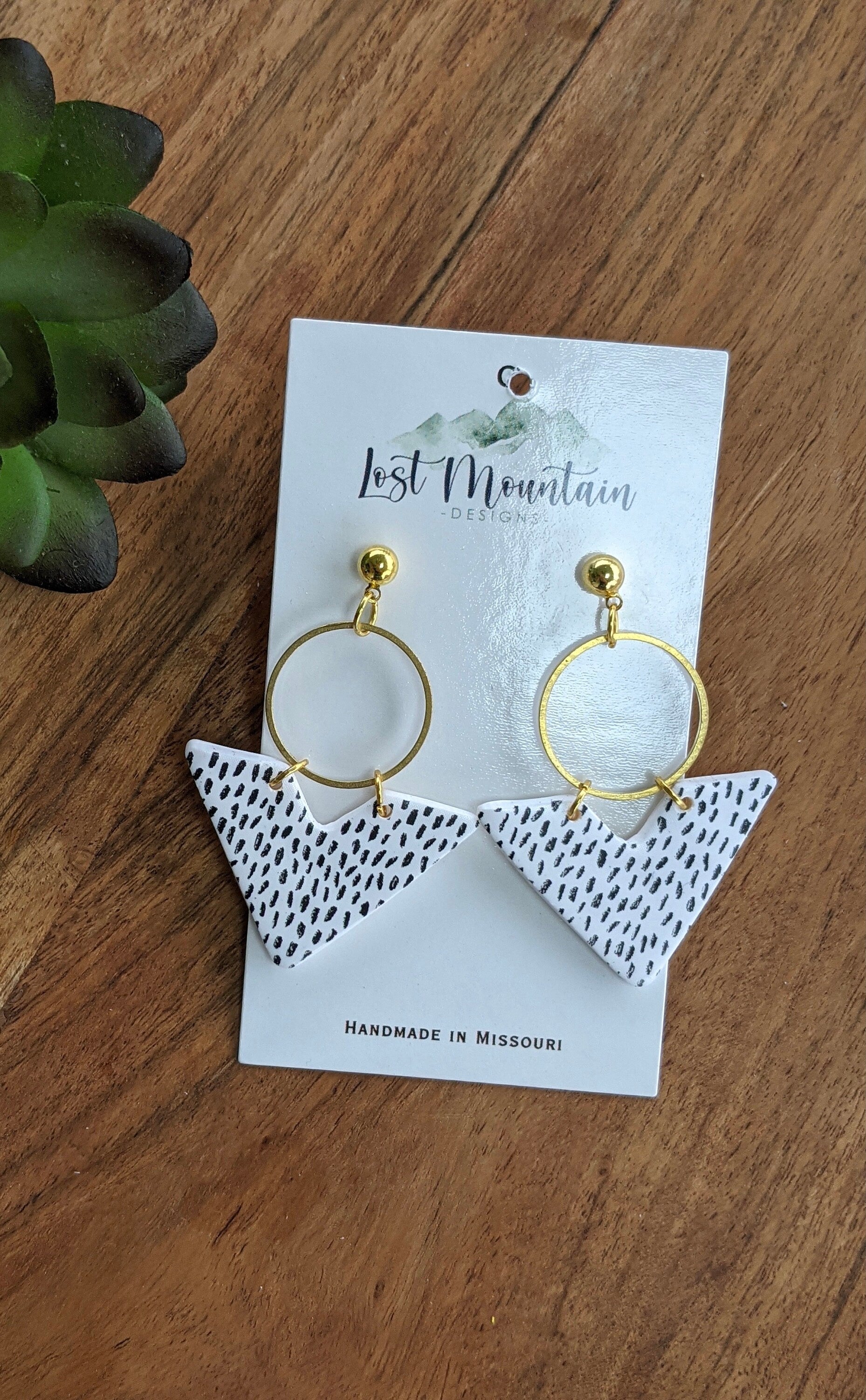 V Shaped Polymer Clay Earrings, lightweight earrings, Black and white Dalmatian print, polka dot, Gold posts