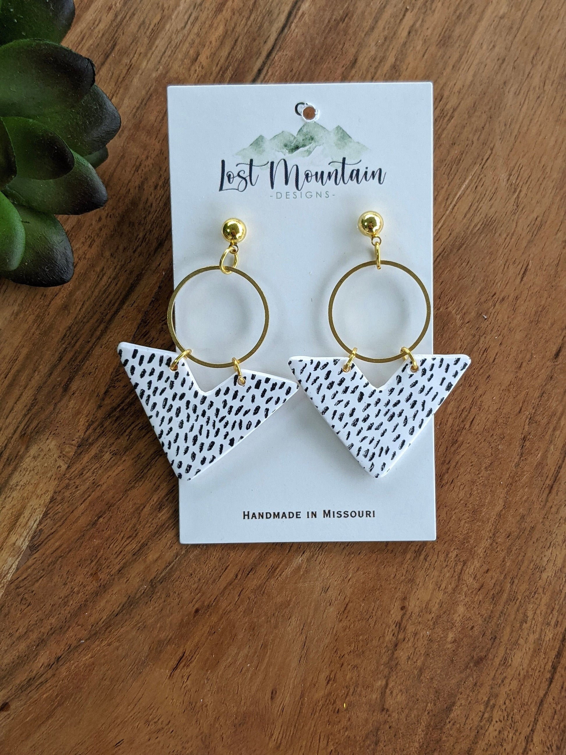 V Shaped Polymer Clay Earrings, lightweight earrings, Black and white Dalmatian print, polka dot, Gold posts