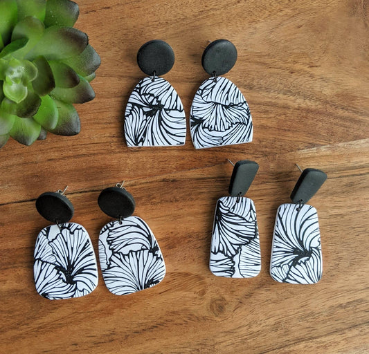 Ginkgo Flower Print Polymer Clay Earrings, Black & White